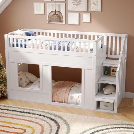 Cama alta infantil 90x200 cm de madera blanca, ahorra espacio, sin colchón FloraGrace (1/5)