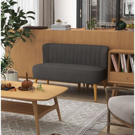 Divano 2 posti in poliestere effetto lino, piedi in legno, 117 x 56,5 x 77 cm, grigio scuro (1/5)