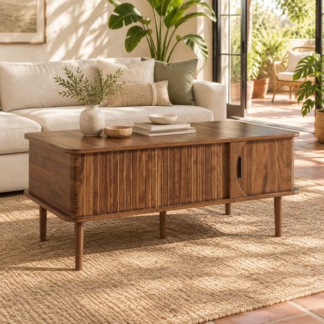 Couchtisch 100/48/55,5 cm in Walnuss-Optik mit höhenverstellbarer Platte und Schiebetür (1/5)