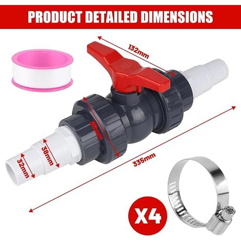 Ball Valve, Shut-Off Valve with Hose Connection, Pool Valve for Pool Hose 32-38mm, Flow Control Ball Valve for Swimming Pool (1/3)
