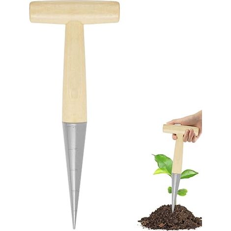 Garden Punch Tool, Bulb Planter with Iron Tip and Wooden Handle, Garden Tool with Graduation and Wooden Handle, Hole Punch + Seedling Transplanter (1/5)