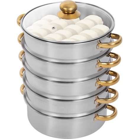 Cuiseur vapeur en acier inoxydable à 5 étages - 26 cm - Avec couvercle en verre - Convient pour plaques de cuisson à gaz, plaques à induction et casseroles électriques en argile, 5L