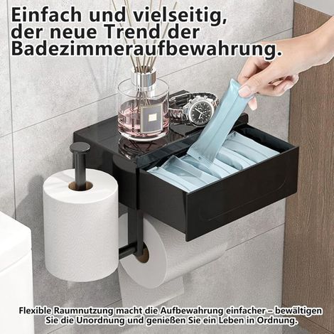 Porte-papier toilette , sans perçage , avec boîte à lingettes humides , étagère et tiroir , en acier inoxydable et ABS , pour ranger le papier toilette , noir (1/3)