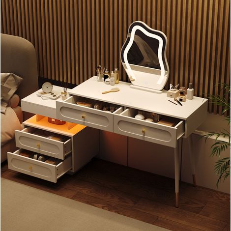 Tocador con espejo LED (140x40x130 cm), 4 cajones, iluminación regulable, tablero aglomerado blanco (1/5)