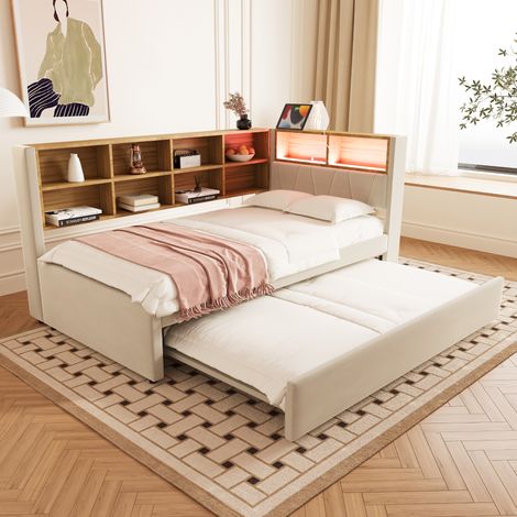 Lit gigogne 90x200cm LED intégrées et rangements Multifonction Flanelle Beige (Sans matelas)
