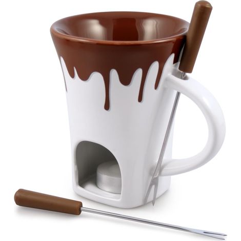 Lot de 4 tasses à fondue au chocolat, céramique/acier inoxydable, blanc/marron, 120 ml, bougie chauffe-plat, passe au lave-vaisselle, boîte cadeau (1/5)