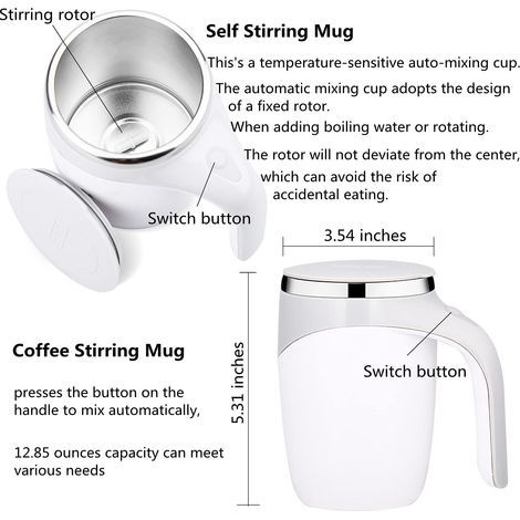 Mug avec agitateur magnétique automatique, mélangeur rotatif pour la maison, le bureau et les voyages, joli mug à café électrique auto-mélangeur en acier inoxydable, convient au café, au lait, au caca (1/5)