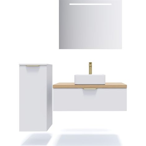 Meuble de salle de bain suspendu vasque à poser 90cm 1 tiroir Blanc + miroir + colonne ouverture gauche - Venice (1/5)