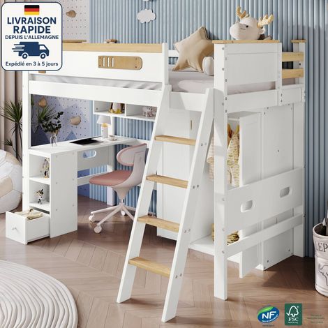 Litera 90x200 cm, cama infantil con red de seguridad, mesa y armario, pino + MDF + contrachapado, color blanco (1/5)