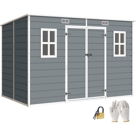 Outsunny 10 x 6 ft Plastic Garden Shed with Floor, Lockable Doors, Grey (1/5)