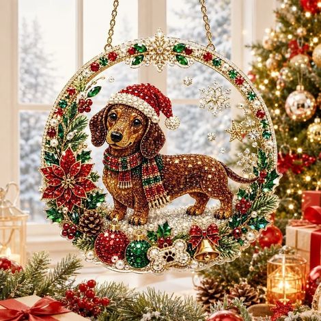 Nouvelle peinture diamant de Noël attrape-soleil - Teckel - 20 cm