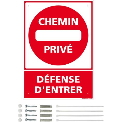 Panneau de signalisation prépercé PVC ou ALU rectangulaire + kit de fixation - Chemin privé, défense d'entrer - PVC 1 mm - 210 x 300 mm