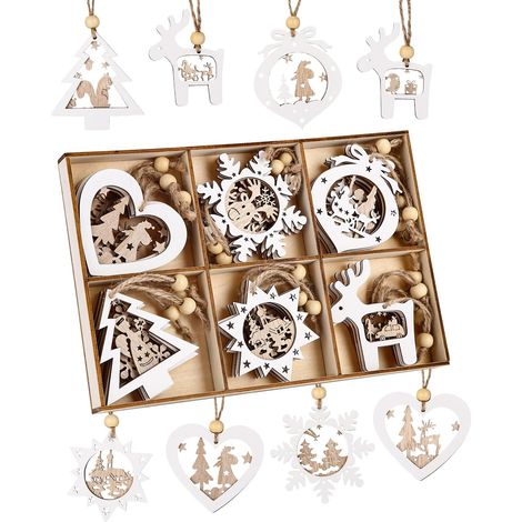 24-teiliger Weihnachtsbaumschmuck aus Holz, Christbaumschmuck aus Holz in Holzbox, 6 verschiedene Stile von Christbaumschmuck aus Holz, Christbaumschmuck zum Aufhängen, Weihnachtsdekoration für Feste 
