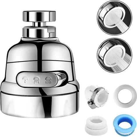 Mélangeur 360° Rotatif Aérateur Bec, Filtre Robinet 3 Fonctions Éco-Énergie, Régulateur Douchette Pommeau Lavabo Évier Salle De Bains (1/5)