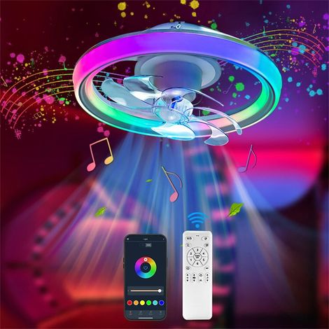 LEDANDER Ventilateur de plafond LED intelligent avec haut-parleur 360 ° Ventilateur rotatif moderne RGB, télécommande avec application, lustre à 6 vitesses