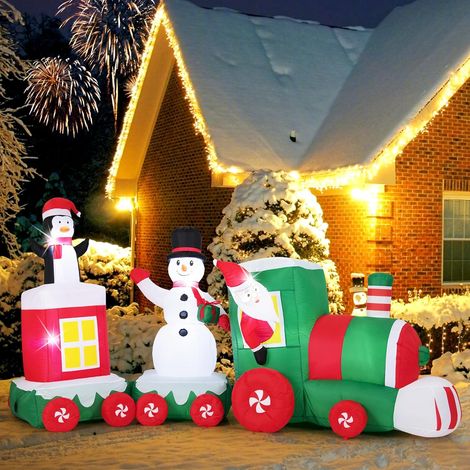 GOPLUS Pere Noel Bonhomme de Neige Gonflable sur Train, Décoration Noël Gonflable Lumineuse avec Lumières LED, Souffleur et Sacs d'eau, pour Intérieur et Extérieur (Pere Bonhomme sur Train) (1/5)