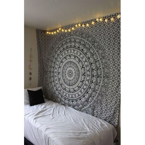 QORVA-180x230CM Tapisserie murale Tapisserie Mandala Noire - Tenture Murale Tapisserie De Plage Éléphant Imprimée À La Main  Coton Pour La Décoration Des Chambres (1/3)