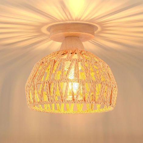 Plafonnier Vintage Industrielle Lustre en Bois et Rotin Cage Abat-jour Lampe de Plafond E27 Éclairage Décoration Suspension Luminaire pour Chambre Entrée Couloir Bar Restaurent (1/5)