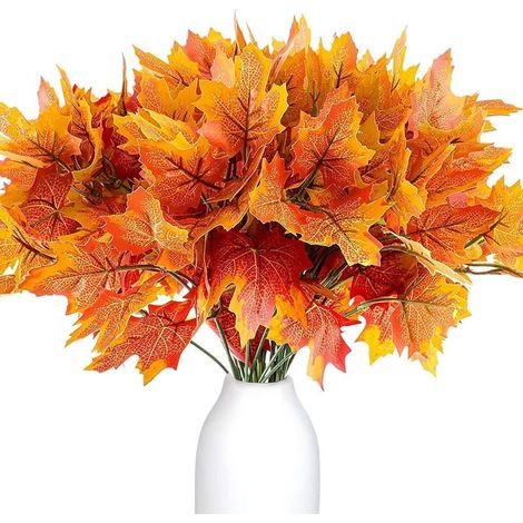 Lot de 4 paquets de fleurs d'automne artificielles Décoration d'automne Feuilles d'érable Simulation d'automne en plastique Bouquet d'automne artificiel Feuilles d'érable pour Thanksgiving,3 (1/5)