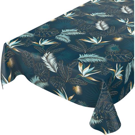 Nappe en Toile cirée Lavable pour Le Jardin, de Forme Ronde, Ovale ou rectangulaire, pour l'intérieur et l'extérieur, Motif Feuilles dorées et Bleues, Nappe de Jardin, au mètre, Facile (1/5)