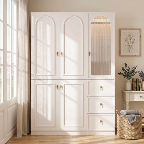MODFU – Armadio 135x48x200 cm in MDF/vetro/acciaio con LED, 5 ante, 3 appendiabiti, 3 cassetti e carico 30/20 kg – Bianco (1/5)