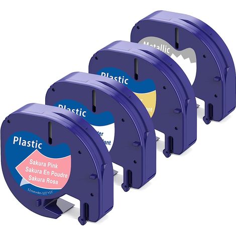 4 rubans d'étiquettes 12 mm x 4 m, plastique, imperméables, résistants à l'huile et à l'abrasion, compatibles étiqueteuses Dymo LetraTag (1/5)