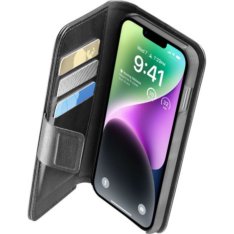Agenda Cellularline Book - Funda para iPhone 14 con revestimiento MICROBAN (Negra) (1/4)