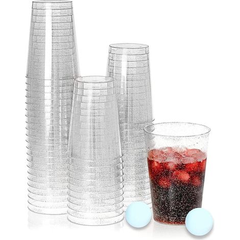 50 Verres, Paillettes, 300ml, Plastique, Transparent, Fête, Mariage