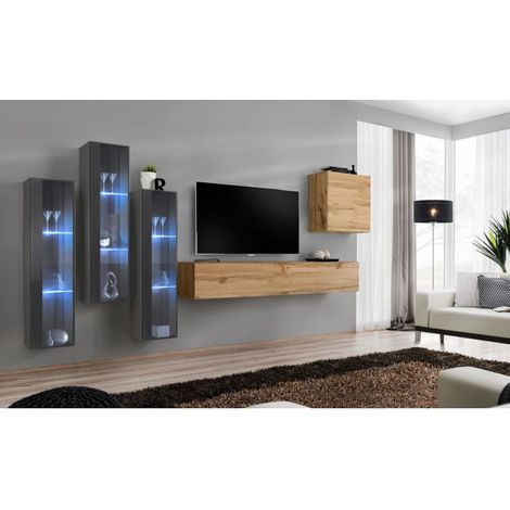 Ensemble mural - Switch XIII - 3 vitrines LED - 1 banc TV - 1 vitrine carrée - Bois et graphite - Modèle 2 - Livraison gratuite