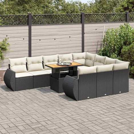 Salon de jardin 11 places en résine tressée noir avec table extensible et rangements intégrés - Ensemble complet avec coussins crème (1/5)