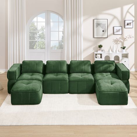 Sofá modular de 4 plazas sin marco, en forma de U, con 2 otomanas, espuma de alta densidad 32D, tapicería de tela suave y cómoda, antideslizante, para salón, no requiere montaje, color verde. (1/5)