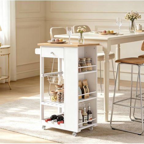 Desserte de cuisine 56,5x37x87 cm MDF bambou blanc, roulettes freinées, gain de place – MEUBLIV (1/4)