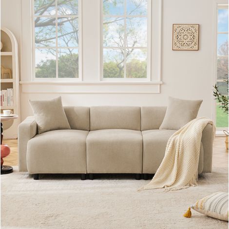 Canapé 3 places chenille beige avec coussins OKMYHOME (1/5)