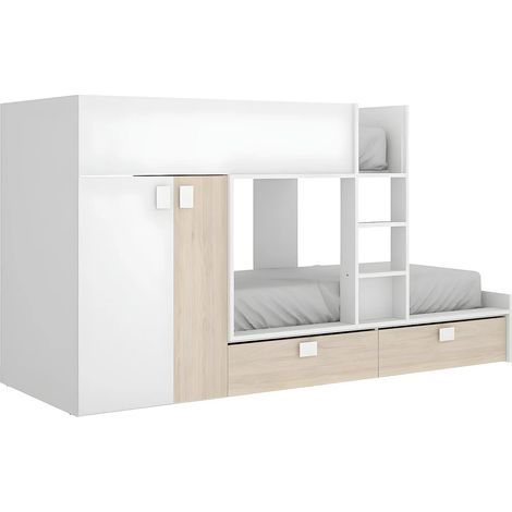 Letto a castello 2 x 90 x 190 cm - Armadio integrato - Bianco e Naturale - JUANITO (1/5)