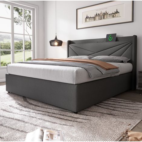 Cama doble con canapé 180x200 de tela gris con USB-C y somier de láminas OKWISH (1/5)