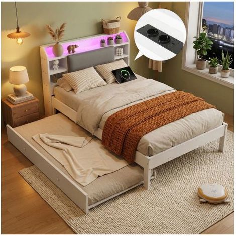 Lit gigogne 140x200cm avec LED et rangements - Lit double - Bois blanc moderne avec ports USB, idéal pour gain de place chambre amis (1/5)