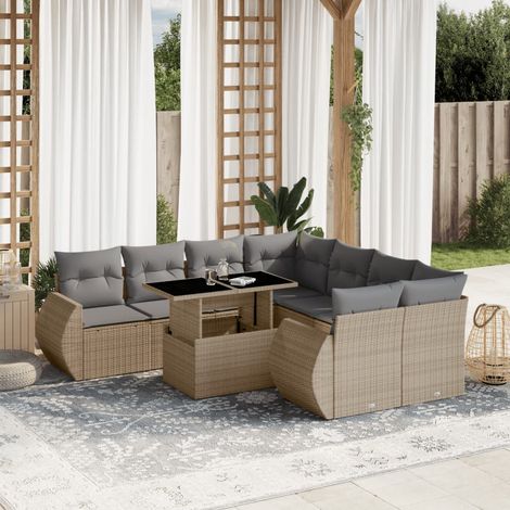 Ensemble Salon Jardin 9 Places Résine Tressée Beige avec Coussins Gris Modulable (1/5)