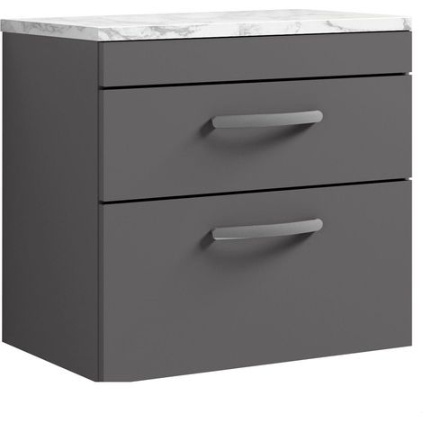 Millwich Contemporary 2 Drawer Wall Hung Vanity Unit with Laminate Carrara Marble Worktop, Gloss Grey, 600mm