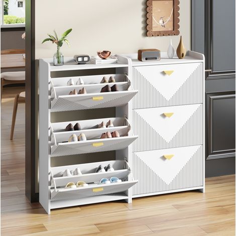 Set di 2 scarpiere con 3 ante ribaltabili e divisori regolabili, bianco, in MDF, 140 x 30 x 120 cm (1/5)