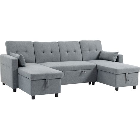 Canapé d'angle en forme de U avec couchage, 4 places avec méridienne, rangement intégré, dossier réglable, aspect lin. (1/5)