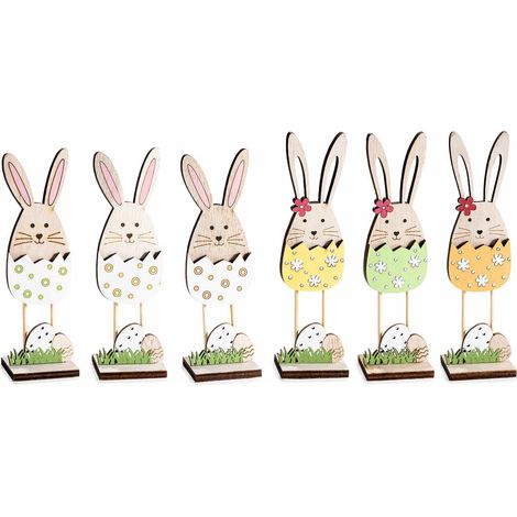 Coniglietti pasquali decorativi in legno con ovetti colorati e fiorellini da appoggiare, set da 18 pezzi, cm 4 x 3,5 x 14,5 H