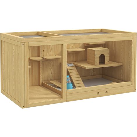 Jaula para hámster, establo de madera para animales pequeños, casa de juegos para jerbos, con columpios, escaleras, techo practicable, cabaña, 100cm, natural