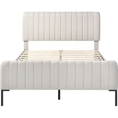 Letto capitonné 160 x 200 cm con rete a doghe, testiera regolabile, lino grigio beige (1/5)