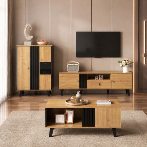 Mueble TV 170x40x50,5 cm en paneles de madera negro y madera, con almacenaje para salón FloraGrace (1/5)