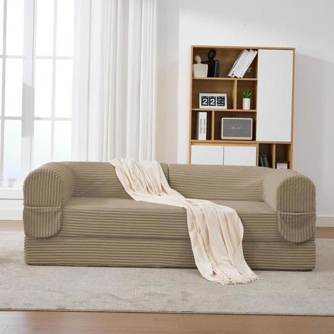 Canapé-lit - KOMHTOM - 190x78x65 cm - Velours côtelé marron/beige - 2 places convertible - Montage facile (1/5)