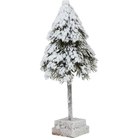 Small Snowy Cedar Tree on Wood Block - Plastic - Height 30 cm - Brown