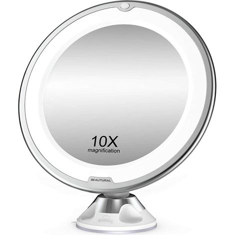Miroir de maquillage, grossissement 10X avec LED blanche lumière du jour, miroir de salle de bain éclairé portable (1/5)