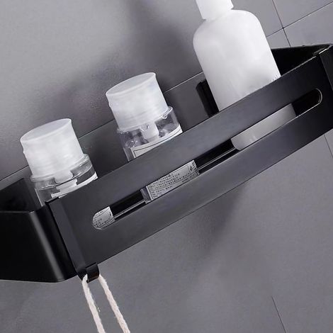 Étagère de rangement en aluminium sans perçage pour toilettes et salles de bains, étagère triangulaire, étagère d'angle murale pour salle de bains, étagère rectangulaire à un seul niveau avec bordure. (1/5)