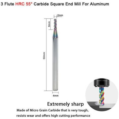 Fraise carrée en carbure de tungstène de 2 mm pour applications aluminium et cuivre, 3 dents, longueur 50 mm, queue de 4 mm, revêtement DLC, fraises CNC (3 pièces)