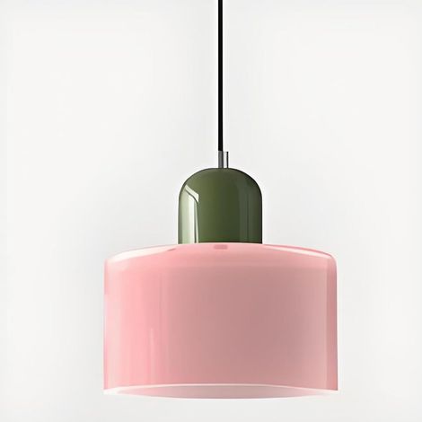 Petit lustre moderne en vitrail réglable, idéal pour une chambre, 15 cm de diamètre - douille verte + abat-jour rose. (1/5)